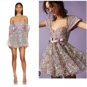 For Love & Lemons Brynne Dress Purple Metallic Bows Puff Sleeves Prom Coquette